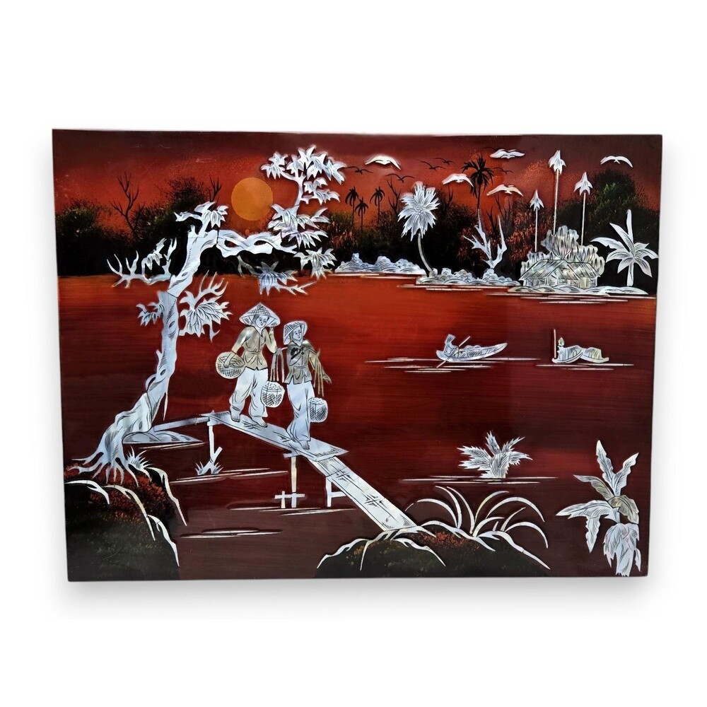 Vietnamese Mother of Pearl Lacquerware Wall Art MOP Inlay River Landscape Vtg